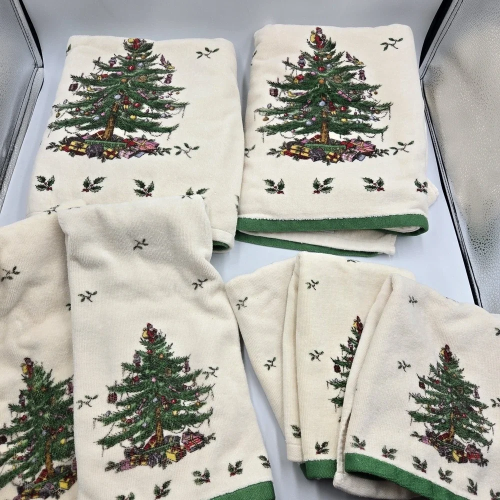 Vintage Spode Christmas Tree Decor Towel Set Of 7 Avanti Linens 100% Cotton